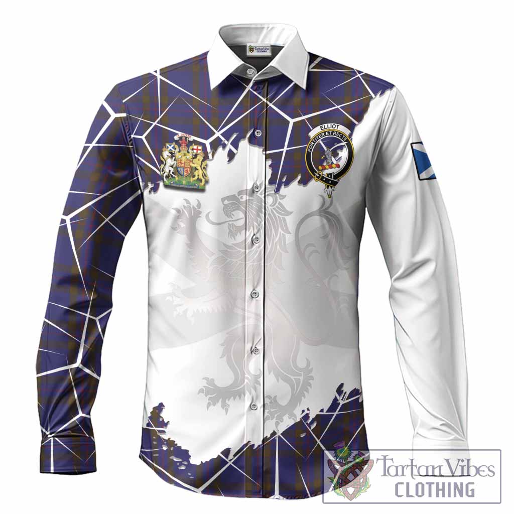 Elliot Tartan Long Sleeve Button Shirts with Family Crest and Lion Rampant Grunge Style