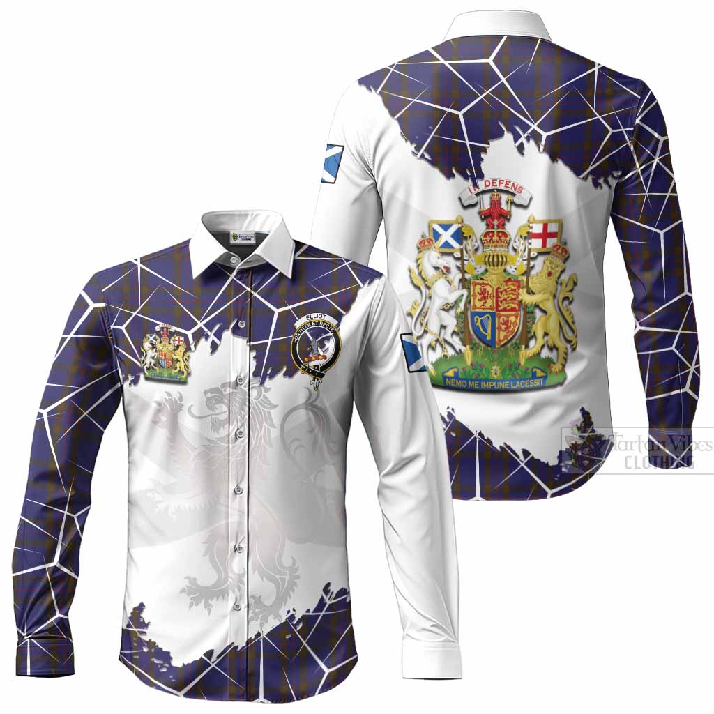 Elliot Tartan Long Sleeve Button Shirts with Family Crest and Lion Rampant Grunge Style