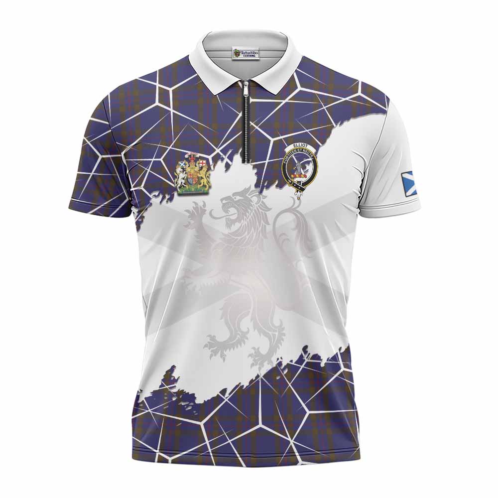 Elliot Tartan Zipper Polo Shirt with Family Crest and Lion Rampant Grunge Style