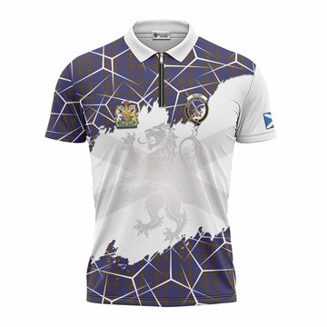 Elliot Tartan Zipper Polo Shirt with Family Crest and Lion Rampant Grunge Style