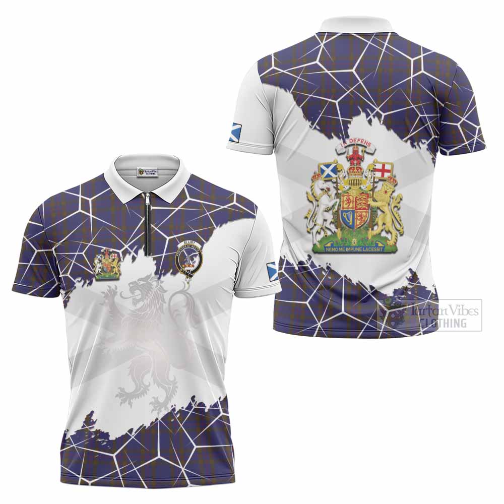 Elliot Tartan Zipper Polo Shirt with Family Crest and Lion Rampant Grunge Style