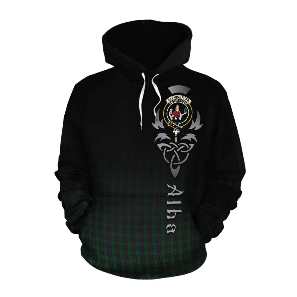 Tartan Vibes Clothing Elphinstone Tartan Cotton Hoodie Featuring Alba Gu Brath Family Crest Celtic Inspired
