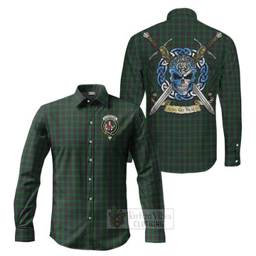 Elphinstone Tartan Long Sleeve Button Shirt with Family Crest Celtic Skull Style Men's Shirt S - Tartan Vibes Clothing