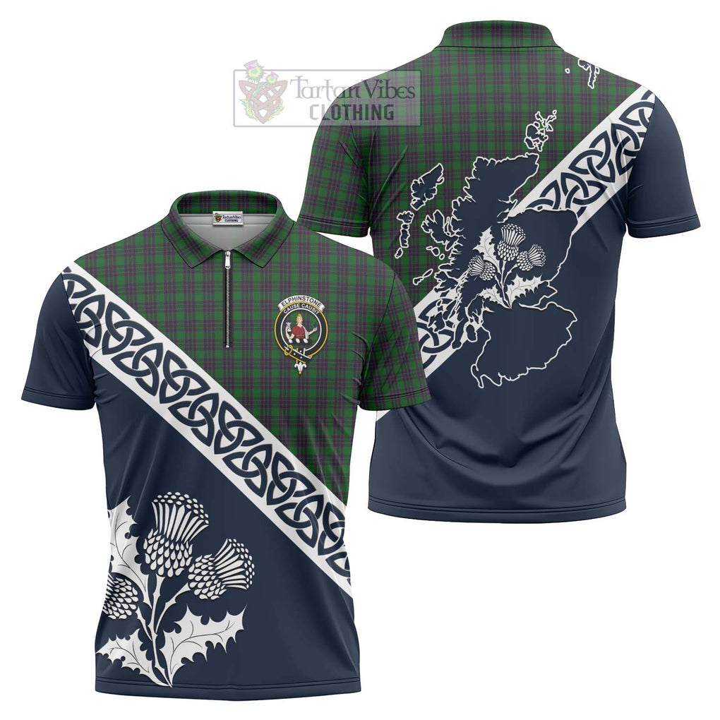 Elphinstone Tartan Zipper Polo Shirt Featuring Thistle and Scotland Map Unisex - Tartanvibesclothing Store
