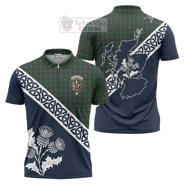 Elphinstone Tartan Zipper Polo Shirt Featuring Thistle and Scotland Map Unisex - Tartanvibesclothing Store