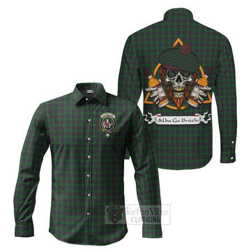 Elphinstone Tartan Long Sleeve Button Shirt with Family Crest and Bearded Skull Holding Bottles of Whiskey Men's Shirt S - Tartan Vibes Clothing