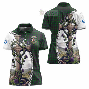 Elphinstone Tartan Women's Polo Shirt with Family Crest and St. Andrew's Cross Accented by Thistle Vines Women - Tartan Vibes Clothing