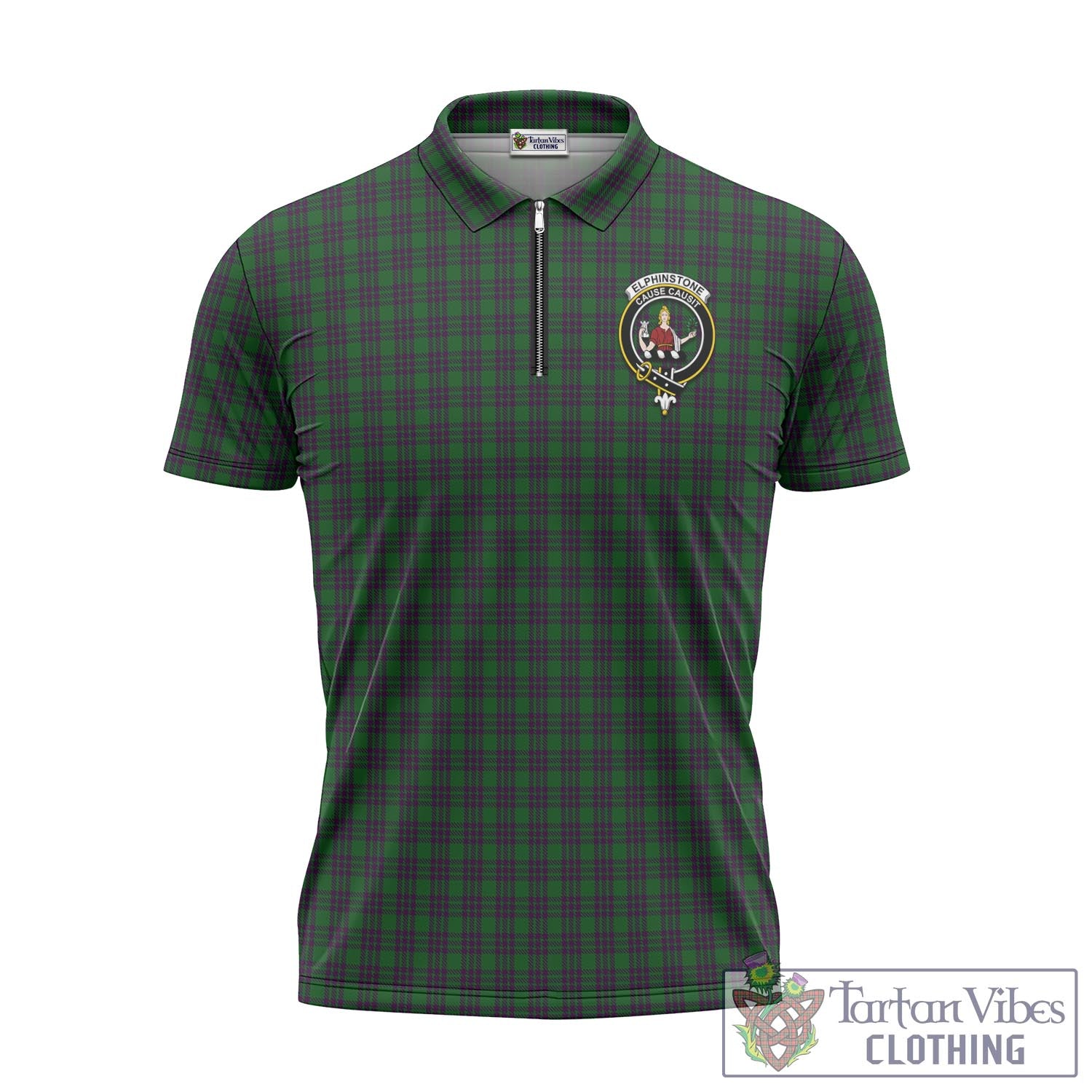 Elphinstone Tartan Zipper Polo Shirt with Family Crest Unisex - Tartan Vibes Clothing