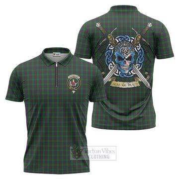Elphinstone Tartan Zipper Polo Shirt with Family Crest Celtic Skull Style Unisex - Tartan Vibes Clothing