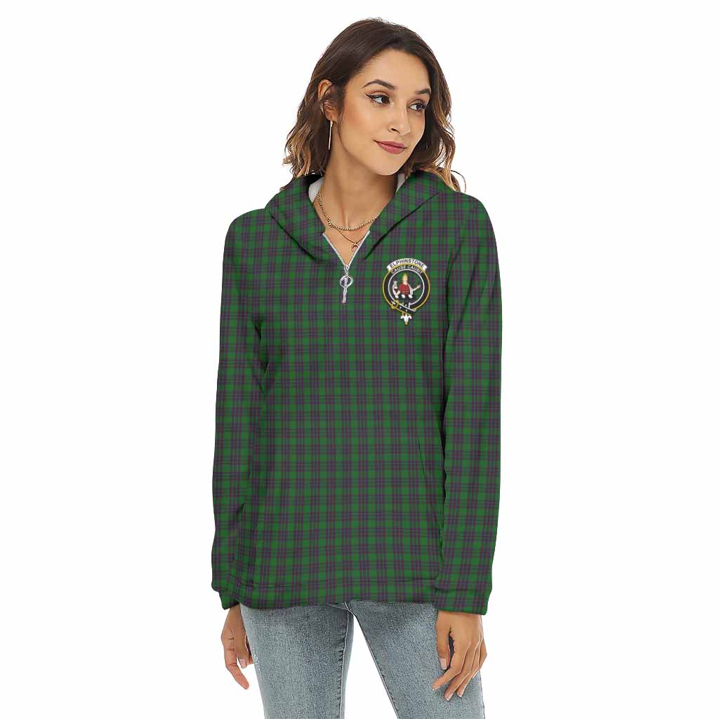Elphinstone Tartan Women's Borg Fleece Hoodie with Half Zip with Family Crest Female - Tartan Vibes Clothing