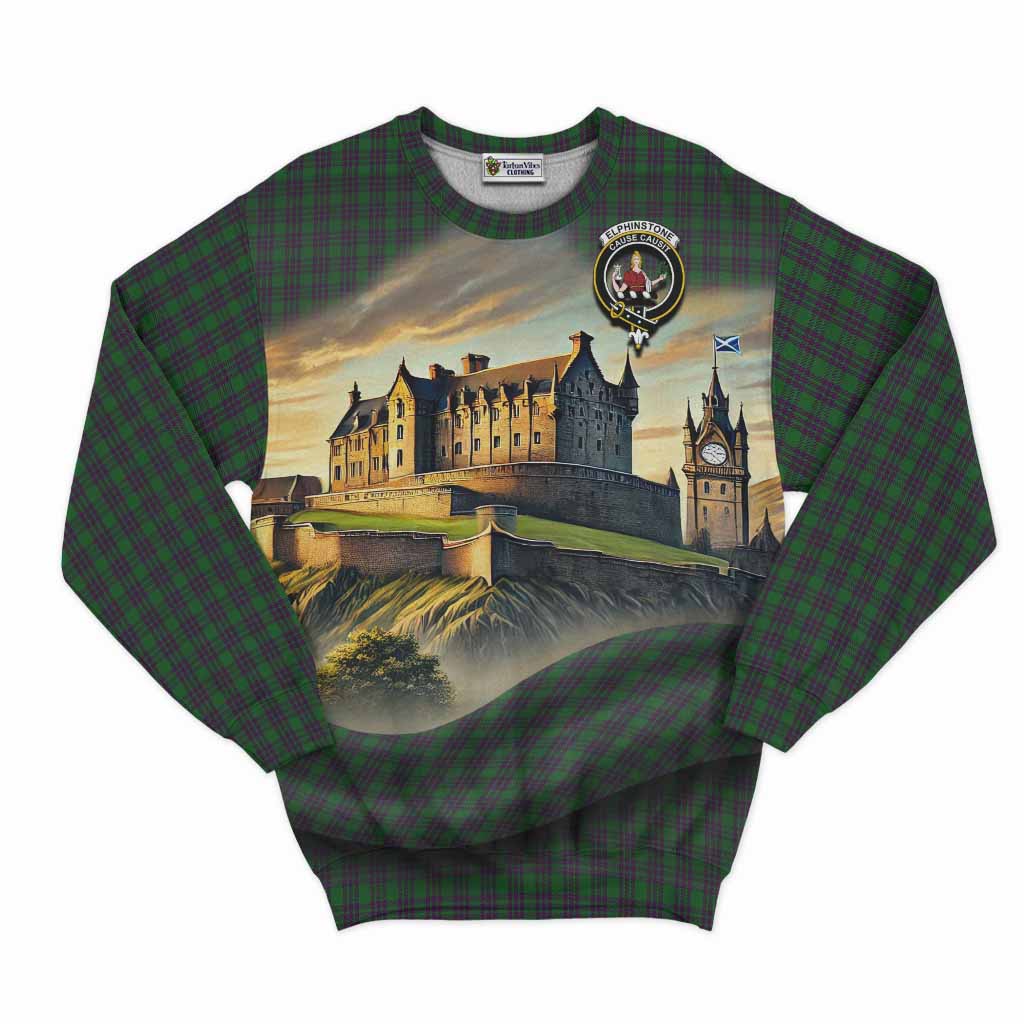 Elphinstone Tartan Family Crest Sweatshirt with Scottish Ancient Castle Style Unisex - Tartan Vibes Clothing