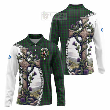 Elphinstone Tartan Long Sleeve Polo Shirt with Family Crest and St. Andrew's Cross Accented by Thistle Vines Unisex - Tartan Vibes Clothing