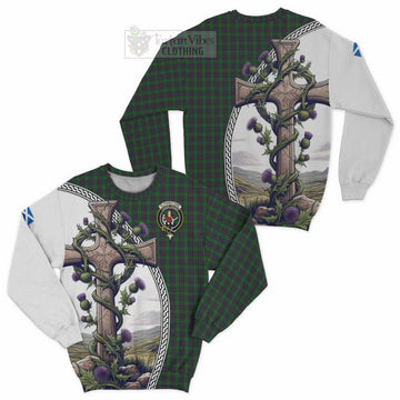 Elphinstone Tartan Sweatshirt with Family Crest and St. Andrew's Cross Accented by Thistle Vines Unisex - Tartan Vibes Clothing