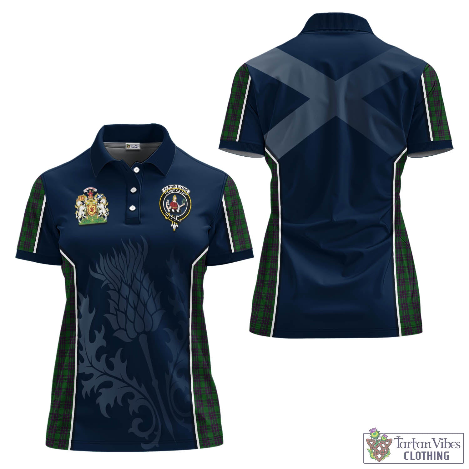 Tartan Vibes Clothing Elphinstone Tartan Women's Polo Shirt with Family Crest and Scottish Thistle Vibes Sport Style