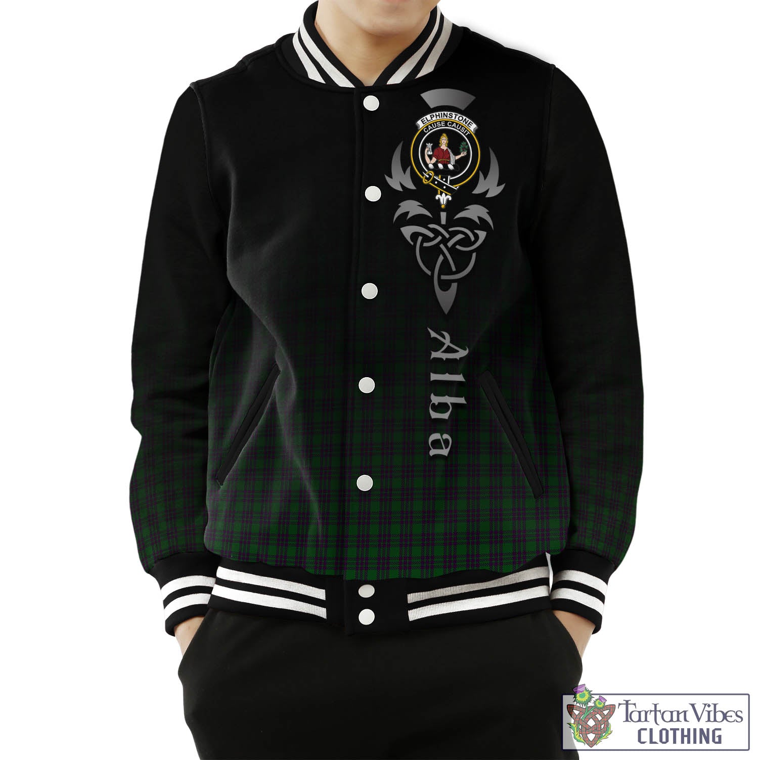 Elphinstone Tartan Baseball Jacket Featuring Alba Gu Brath Family Crest Celtic Inspired Unisex - Tartan Vibes Clothing