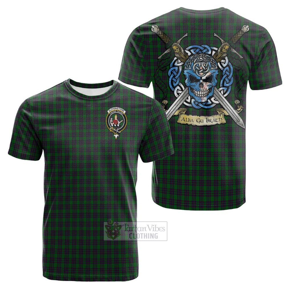 Tartan Vibes Clothing Elphinstone Tartan Cotton T-shirt with Family Crest Celtic Skull Style