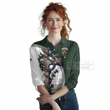 Elphinstone Tartan Women's Casual Shirt with Family Crest and St. Andrew's Cross Accented by Thistle Vines Female - Tartan Vibes Clothing
