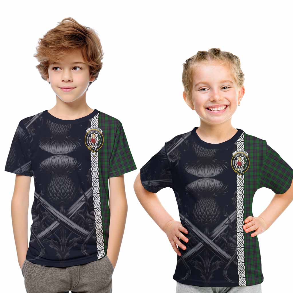 Elphinstone Tartan Kid T-Shirt with Family Crest Cross Sword Thistle Celtic Vibes Youth XL Size14 - Tartan Vibes Clothing