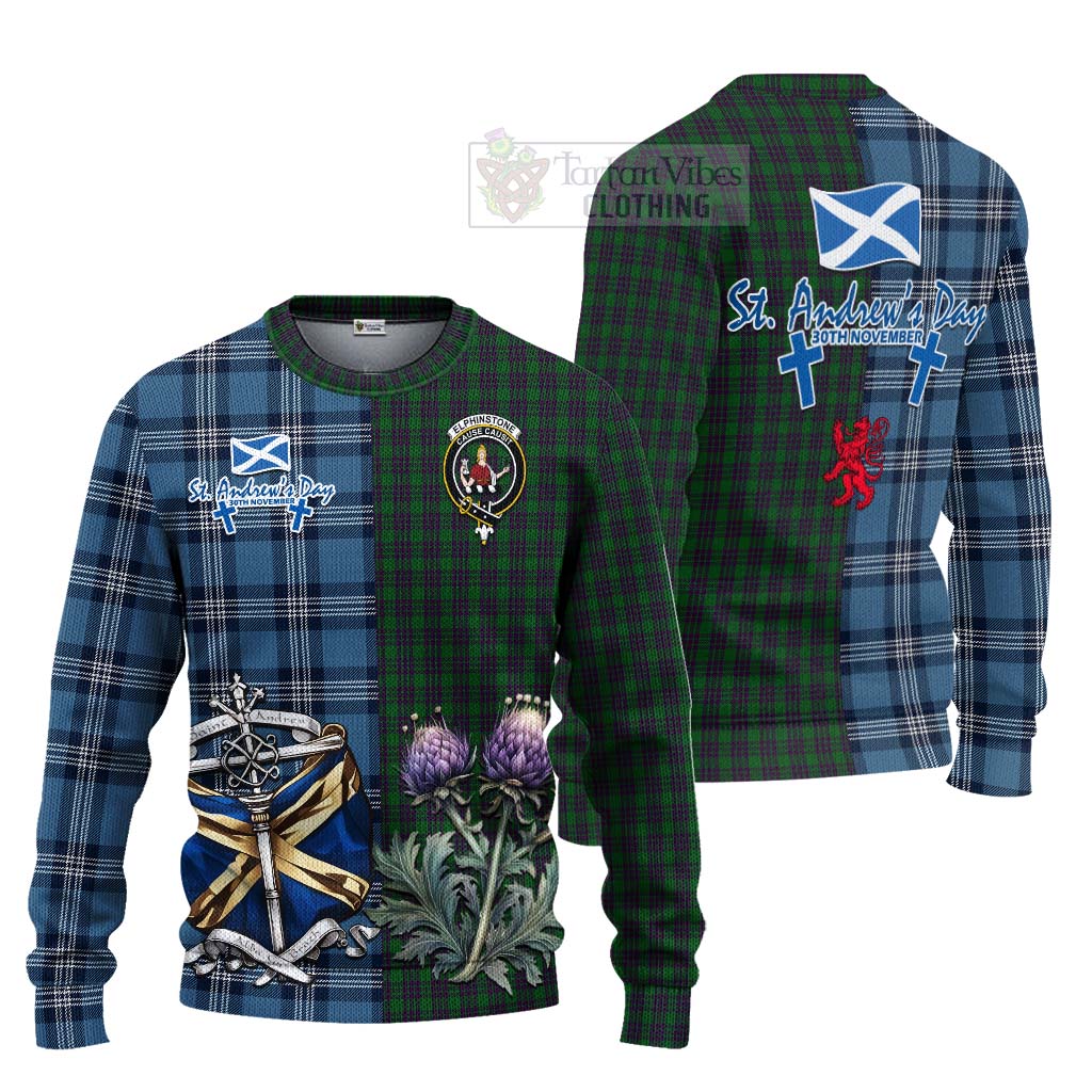 Elphinstone Tartan Knitted Sweater Happy St. Andrew's Day Half Tartan Style Unisex - Tartan Vibes Clothing