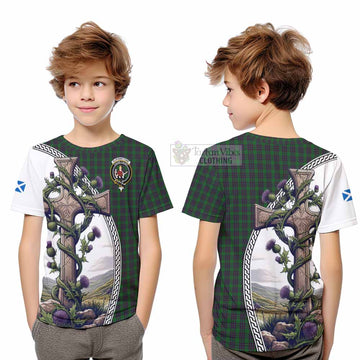 Elphinstone Tartan Kid T-Shirt with Family Crest and St. Andrew's Cross Accented by Thistle Vines Youth XL Size14 - Tartan Vibes Clothing