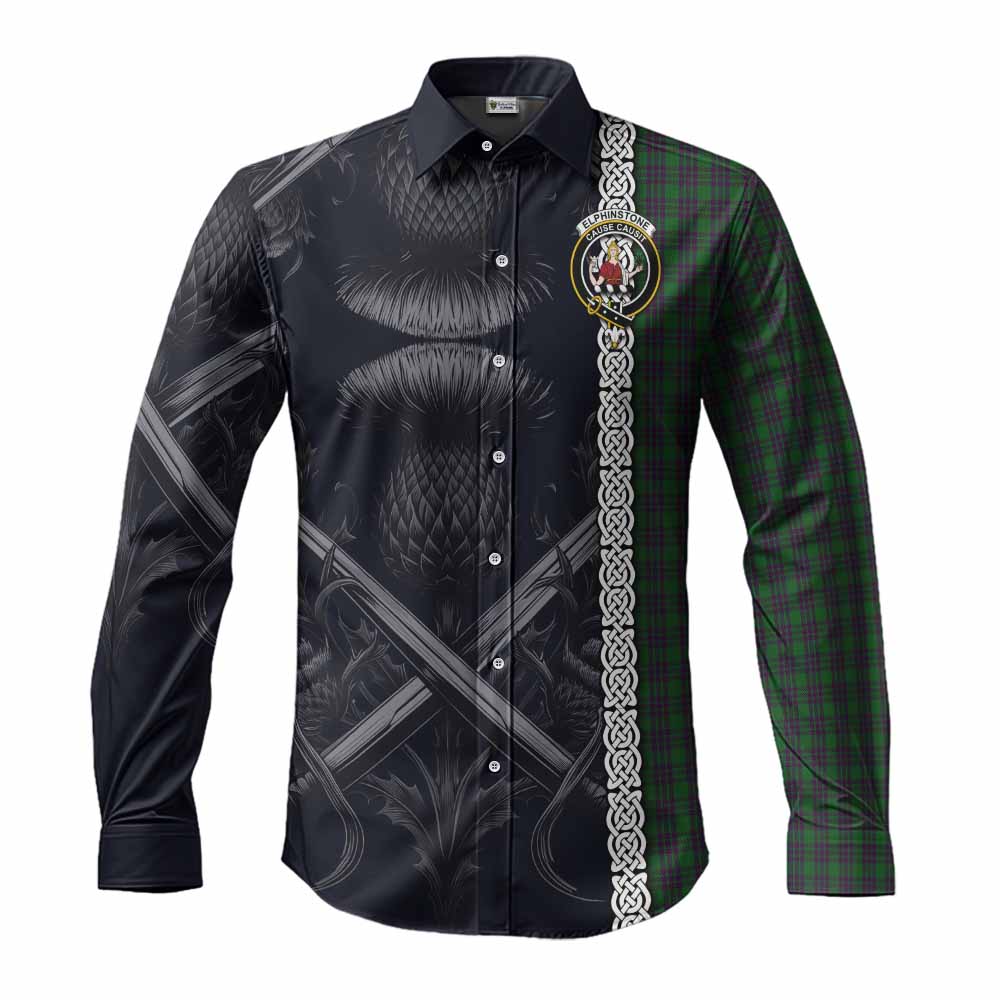 Tartan Vibes Clothing Elphinstone Tartan Long Sleeve Button Shirt with Family Crest Cross Sword Thistle Celtic Vibes