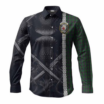 Tartan Vibes Clothing Elphinstone Tartan Long Sleeve Button Shirt with Family Crest Cross Sword Thistle Celtic Vibes
