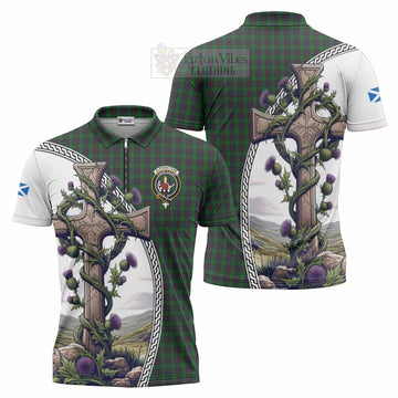 Elphinstone Tartan Zipper Polo Shirt with Family Crest and St. Andrew's Cross Accented by Thistle Vines Unisex - Tartan Vibes Clothing