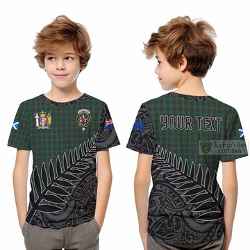 Tartan Vibes Clothing Elphinstone Crest Tartan Kid T-Shirt with New Zealand Silver Fern Half Style