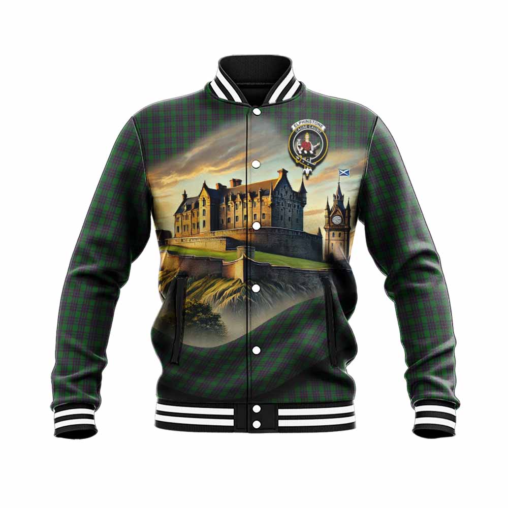 Elphinstone Tartan Family Crest Baseball Jacket with Scottish Ancient Castle Style Unisex - Tartan Vibes Clothing