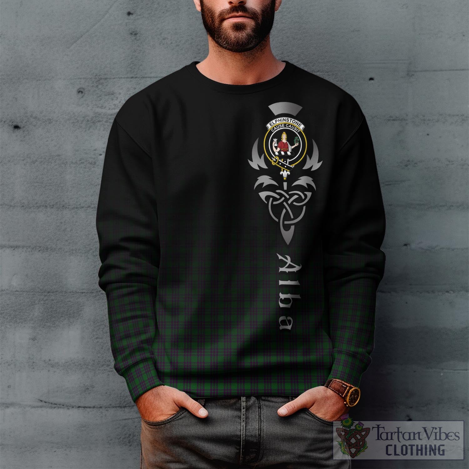 Elphinstone Tartan Sweatshirt Featuring Alba Gu Brath Family Crest Celtic Inspired Unisex - Tartan Vibes Clothing
