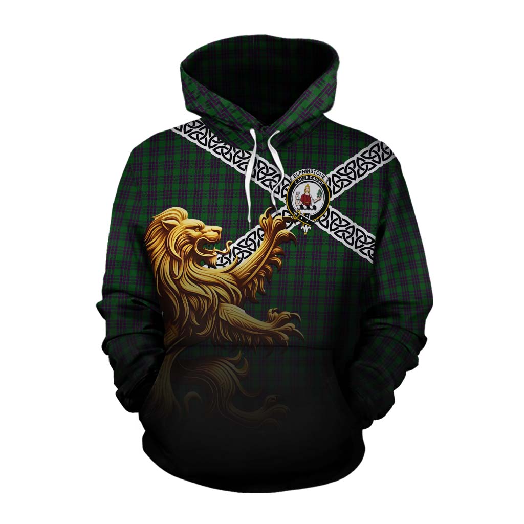 Elphinstone Crest Tartan Cotton Hoodie with Golden Lion Emblem Celtic Style Pullover Hoodie XS - Tartan Vibes Clothing
