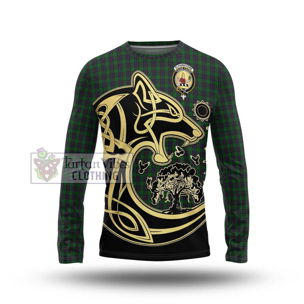 Elphinstone Tartan Long Sleeve T-Shirt with Family Crest Celtic Wolf Style Unisex - Tartan Vibes Clothing
