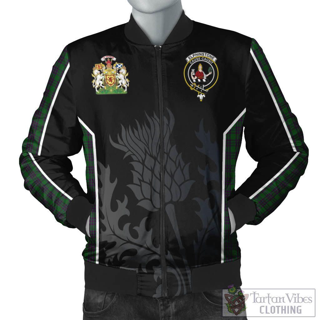 Elphinstone Tartan Bomber Jacket with Family Crest and Scottish Thistle Vibes Sport Style Unisex Black - Tartan Vibes Clothing