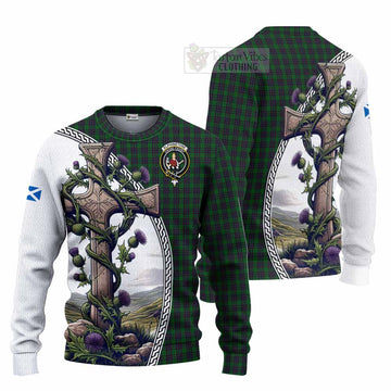 Elphinstone Tartan Knitted Sweater with Family Crest and St. Andrew's Cross Accented by Thistle Vines Unisex - Tartan Vibes Clothing