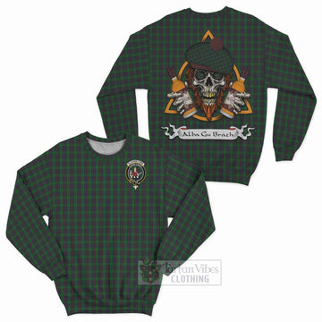 Elphinstone Tartan Sweatshirt with Family Crest and Bearded Skull Holding Bottles of Whiskey Unisex - Tartan Vibes Clothing