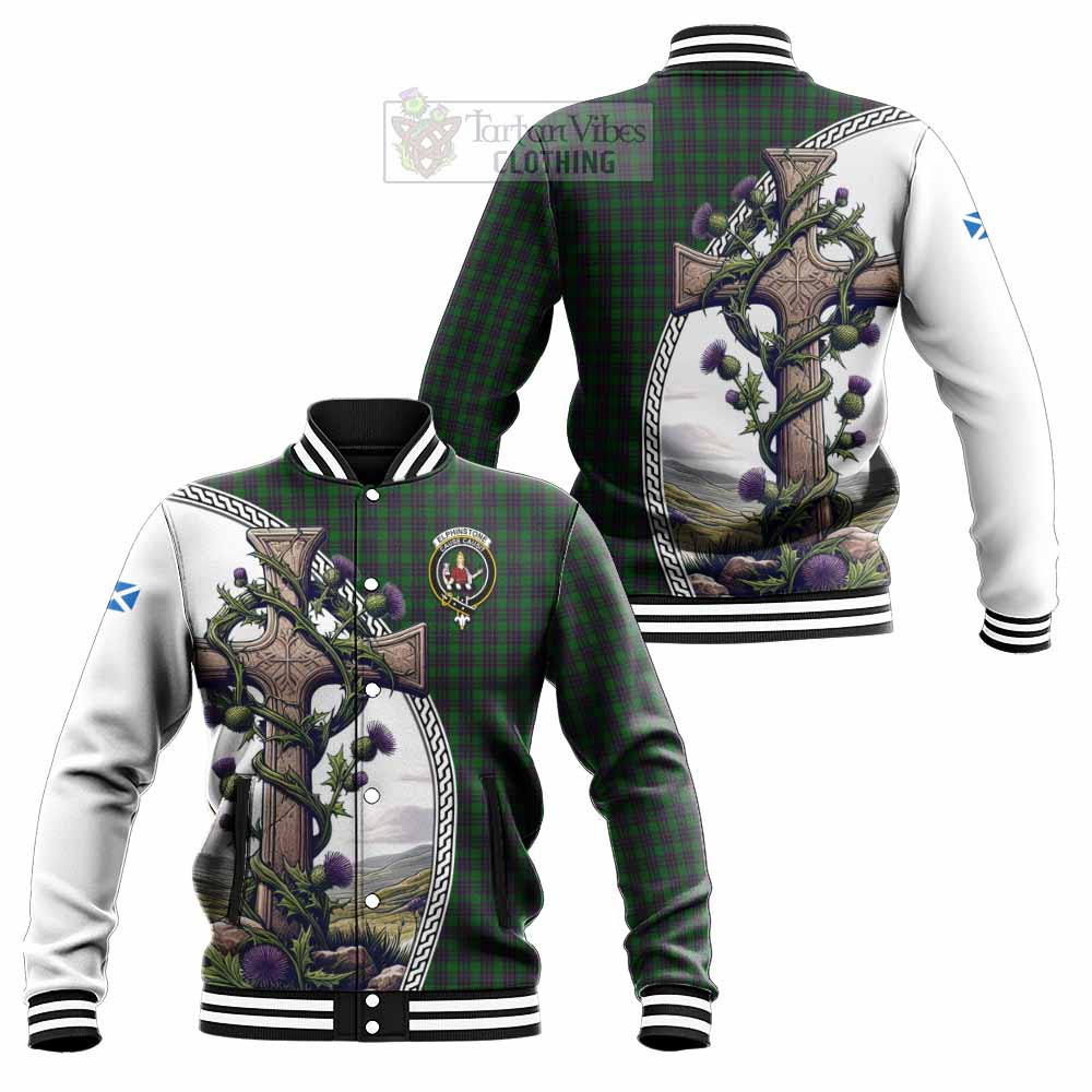 Elphinstone Tartan Baseball Jacket with Family Crest and St. Andrew's Cross Accented by Thistle Vines Unisex - Tartan Vibes Clothing