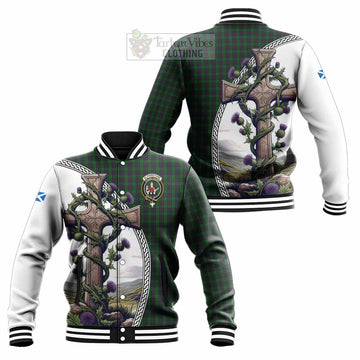 Elphinstone Tartan Baseball Jacket with Family Crest and St. Andrew's Cross Accented by Thistle Vines Unisex - Tartan Vibes Clothing