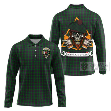 Elphinstone Tartan Long Sleeve Polo Shirt with Family Crest and Bearded Skull Holding Bottles of Whiskey Unisex - Tartan Vibes Clothing