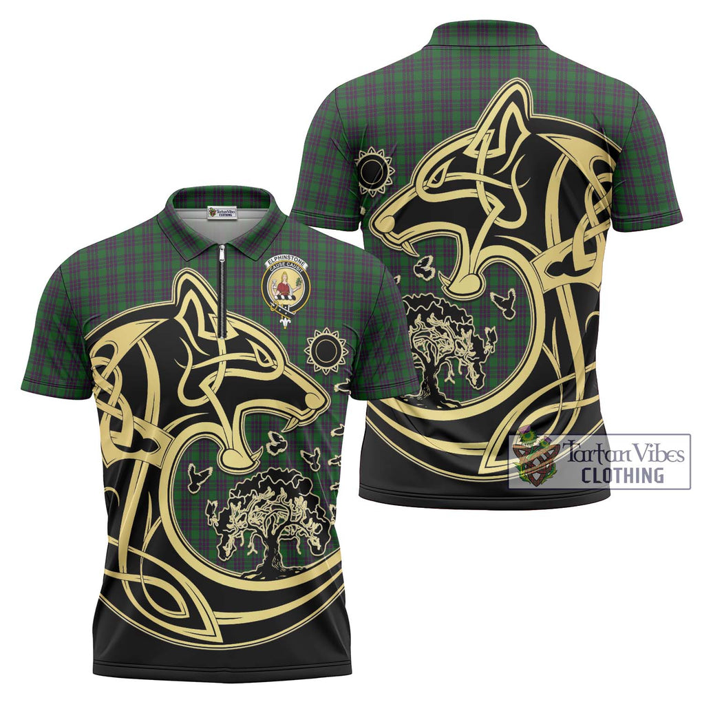 Elphinstone Tartan Zipper Polo Shirt with Family Crest Celtic Wolf Style Unisex - Tartan Vibes Clothing