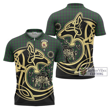 Elphinstone Tartan Zipper Polo Shirt with Family Crest Celtic Wolf Style Unisex - Tartan Vibes Clothing