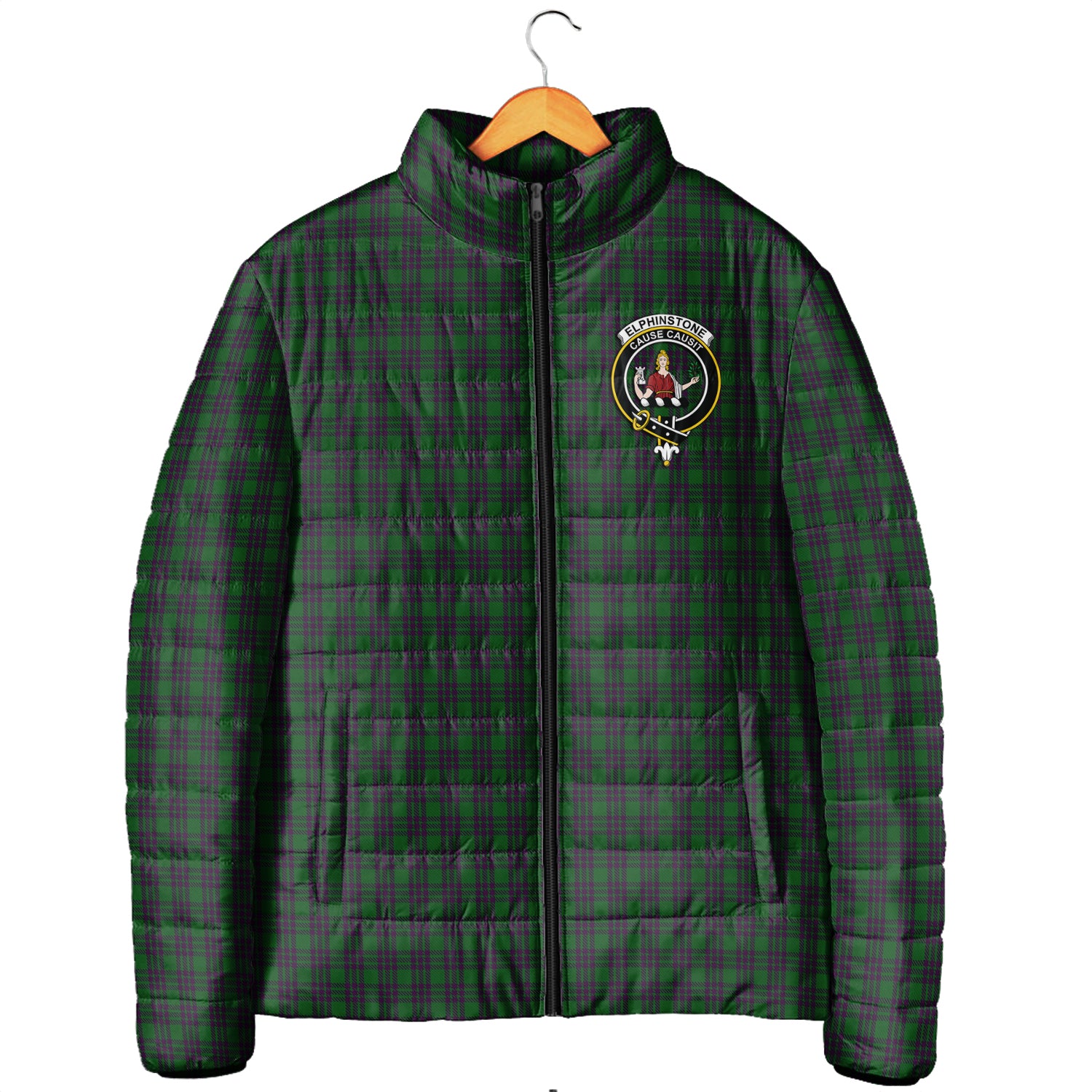 Elphinstone Tartan Padded Jacket with Family Crest Men's Padded Jacket - Tartan Vibes Clothing