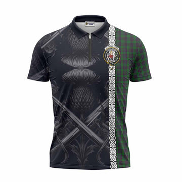 Elphinstone Tartan Zipper Polo Shirt with Family Crest Cross Sword Thistle Celtic Vibes Unisex - Tartan Vibes Clothing