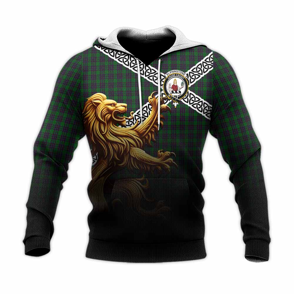 Elphinstone Crest Tartan Knitted Hoodie with Golden Lion Emblem Celtic Style Unisex Knitted Pullover Hoodie - Tartan Vibes Clothing