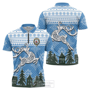 Elphinstone Clan Christmas Zipper Polo Shirt Celtic Reindeer Style Unisex - Tartan Vibes Clothing
