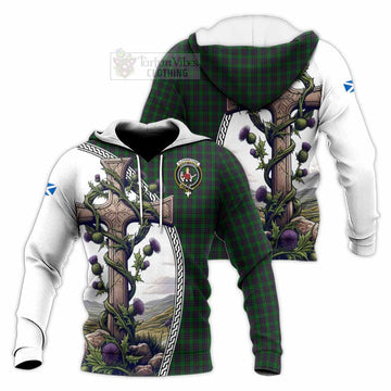 Elphinstone Tartan Knitted Hoodie with Family Crest and St. Andrew's Cross Accented by Thistle Vines Unisex Knitted Pullover Hoodie - Tartan Vibes Clothing