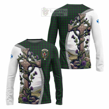 Elphinstone Tartan Long Sleeve T-Shirt with Family Crest and St. Andrew's Cross Accented by Thistle Vines Unisex - Tartan Vibes Clothing