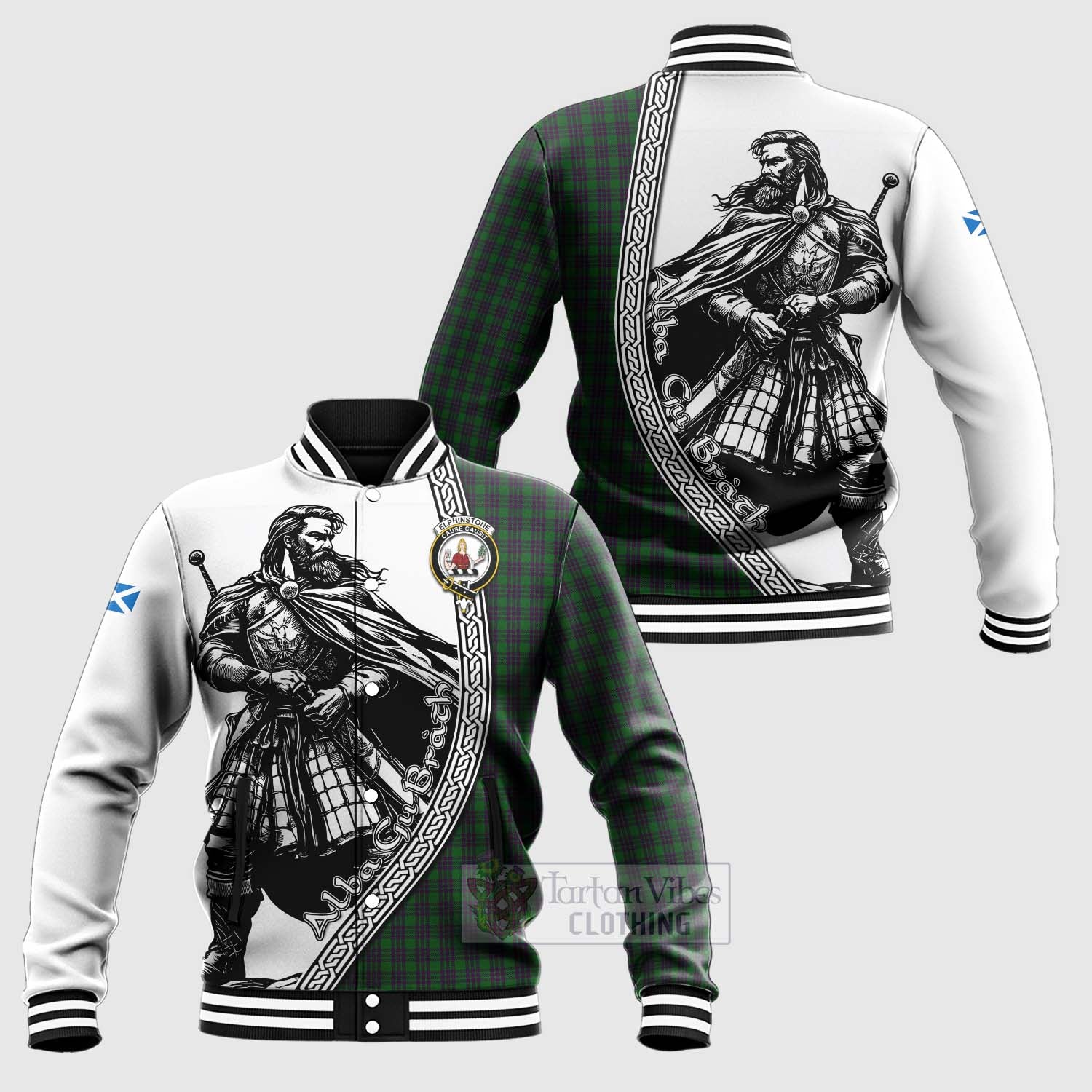 Elphinstone Tartan Clan Crest Baseball Jacket with Highlander Warrior Celtic Style Unisex - Tartan Vibes Clothing