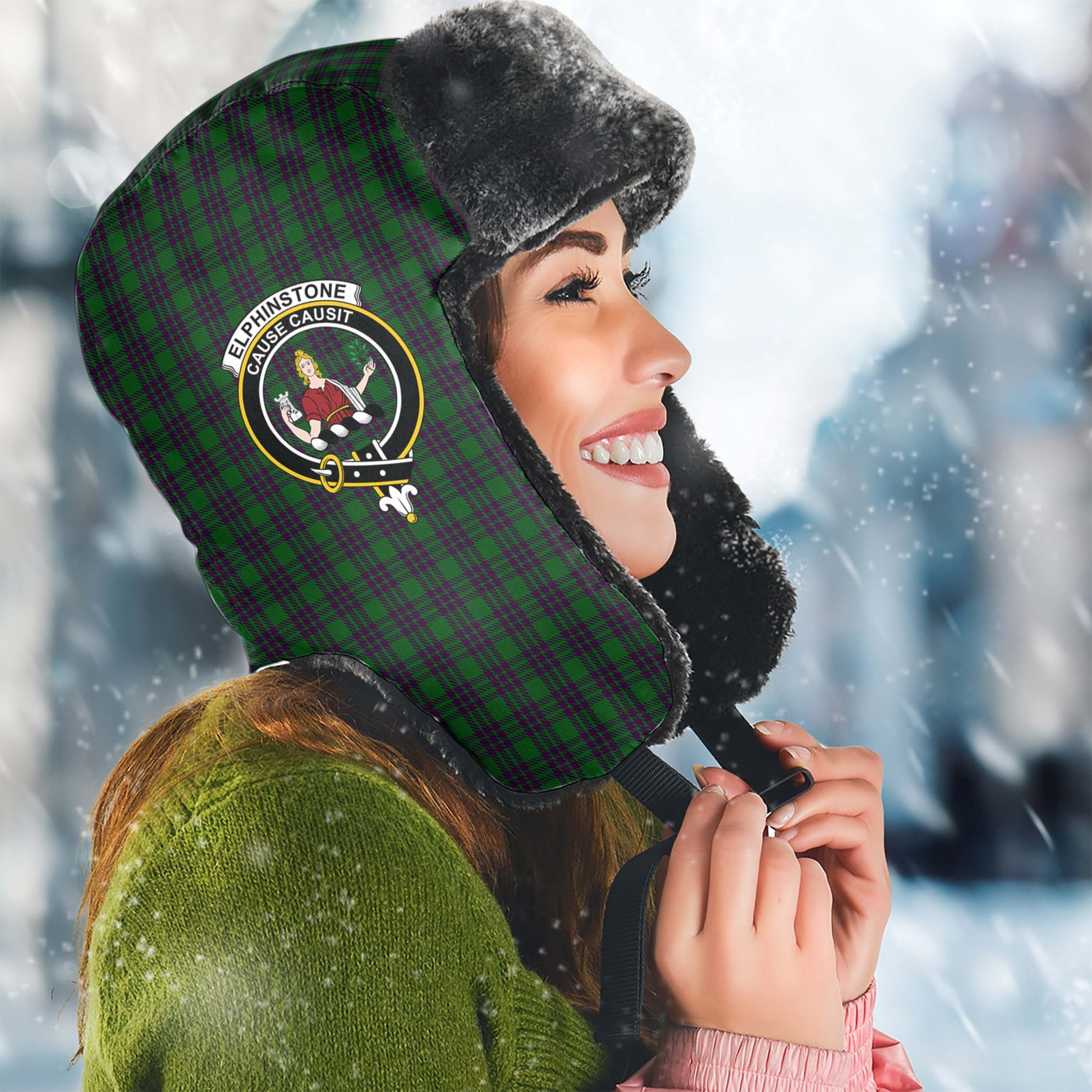 Elphinstone Tartan Winter Trapper Hat with Family Crest Winter Trapper Hat Universal Fit Circumference 22.8in (58cm) - Tartan Vibes Clothing