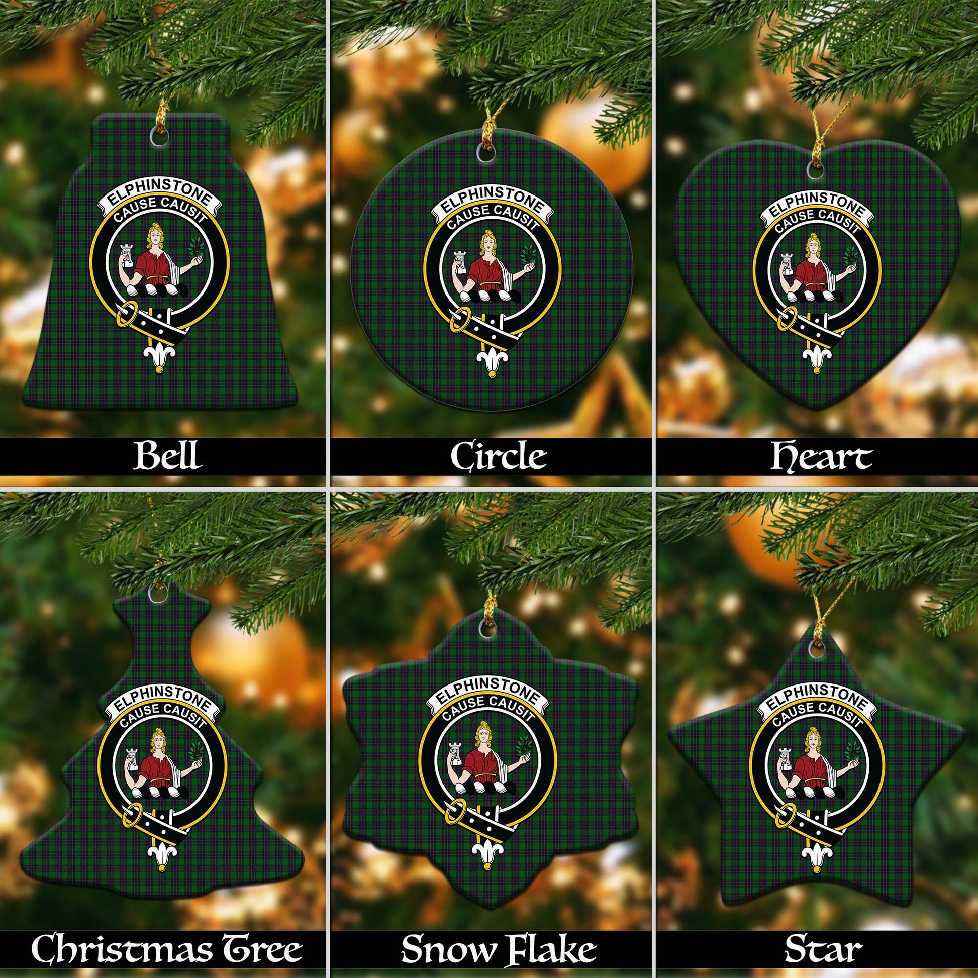 Elphinstone Tartan Christmas Ceramic Ornaments with Family Crest Ceramic - Tartan Vibes Clothing
