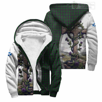 Elphinstone Tartan Sherpa Hoodie with Family Crest and St. Andrew's Cross Accented by Thistle Vines Unisex S - Tartan Vibes Clothing